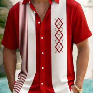 Vintage Bowling Stripe Geometric Print Men’s Pocket Shirt