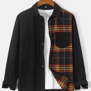 Men’s Corduroy Color-Block Plaid Flannel Shirt