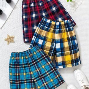Three-Piece Boys' Plaid Print Elastic Waist Shorts